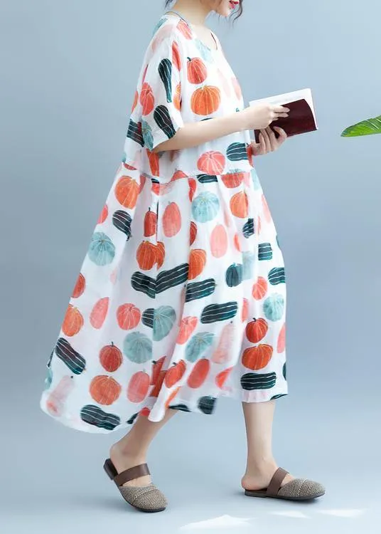 100% Pumpkin  Print Robes O Neck  Maxi Summer Dress