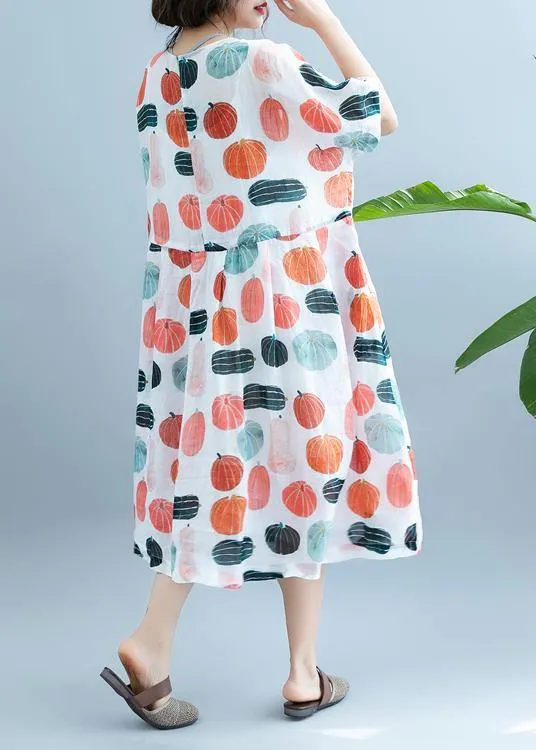 100% Pumpkin  Print Robes O Neck  Maxi Summer Dress