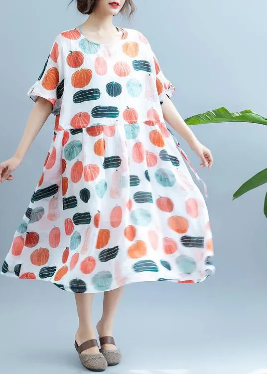 100% Pumpkin  Print Robes O Neck  Maxi Summer Dress