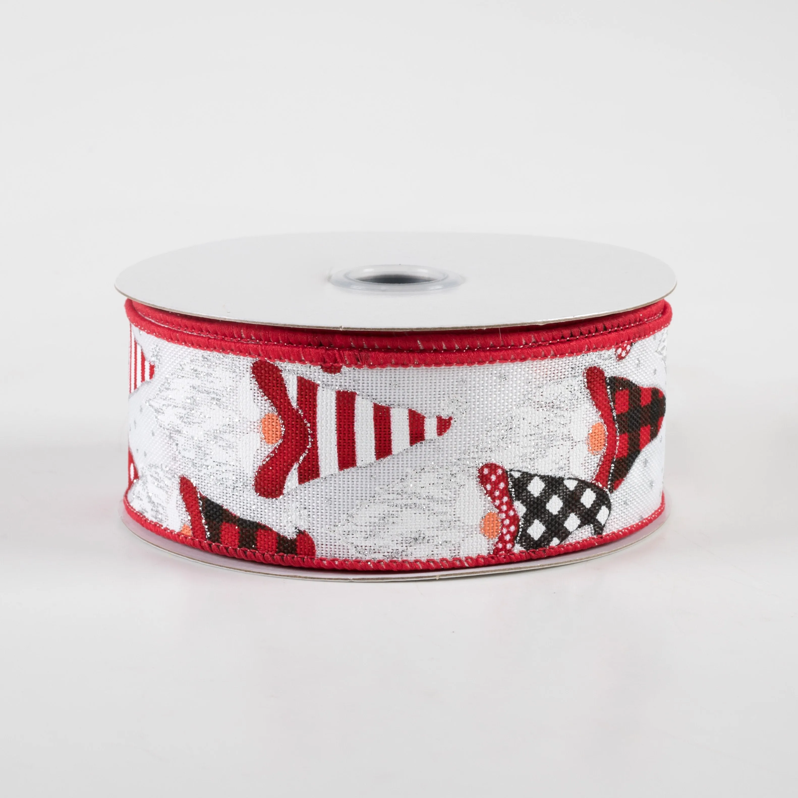 1.5" Christmas Gnome Heads Ribbon: White, Red, Black (10 Yards)