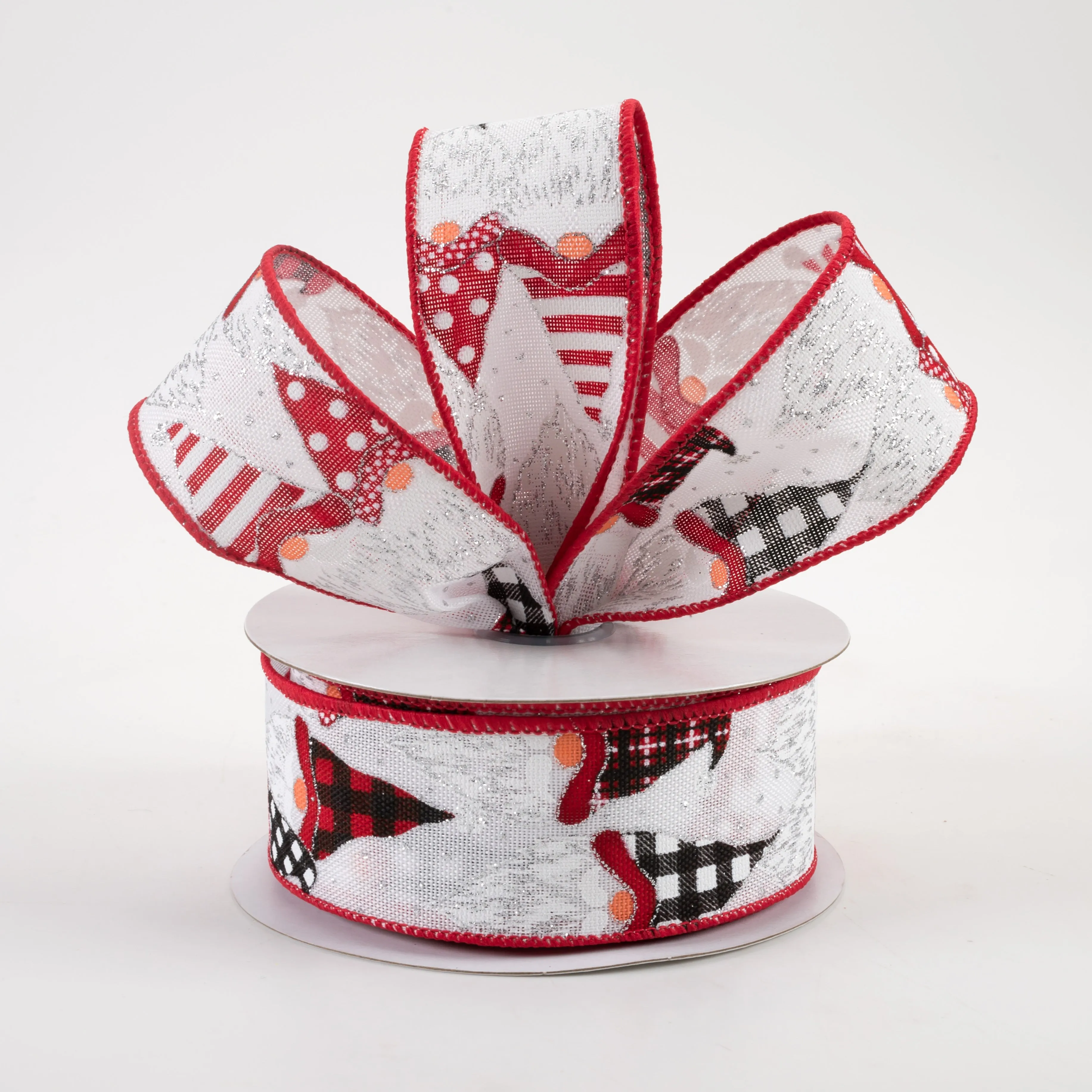 1.5" Christmas Gnome Heads Ribbon: White, Red, Black (10 Yards)