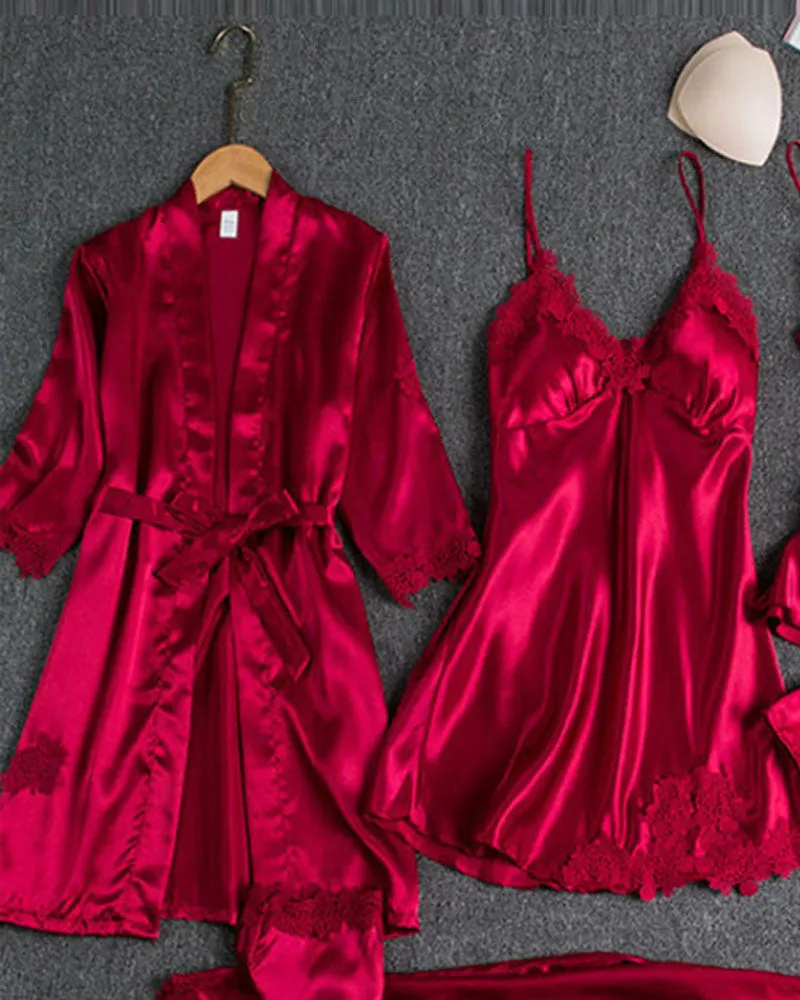 5PCS Contrast Lace Cami Set With Nightdress & Belted Robe
