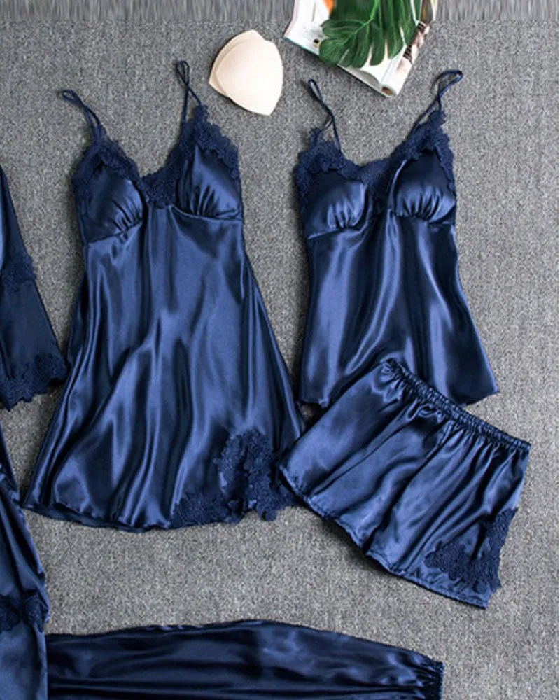 5PCS Contrast Lace Cami Set With Nightdress & Belted Robe