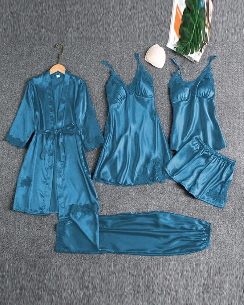 5PCS Contrast Lace Cami Set With Nightdress & Belted Robe