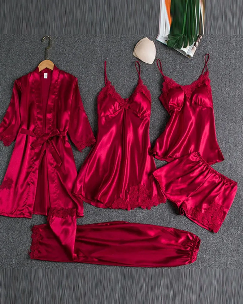5PCS Contrast Lace Cami Set With Nightdress & Belted Robe