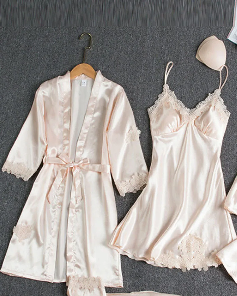 5PCS Contrast Lace Cami Set With Nightdress & Belted Robe