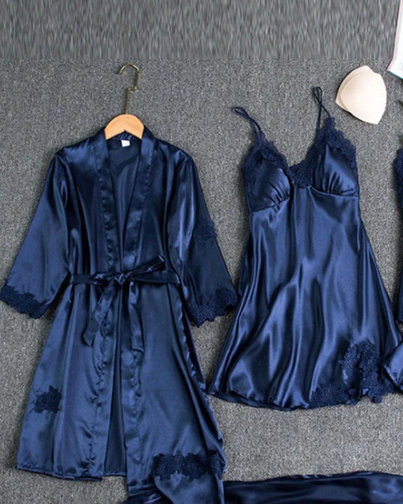 5PCS Contrast Lace Cami Set With Nightdress & Belted Robe