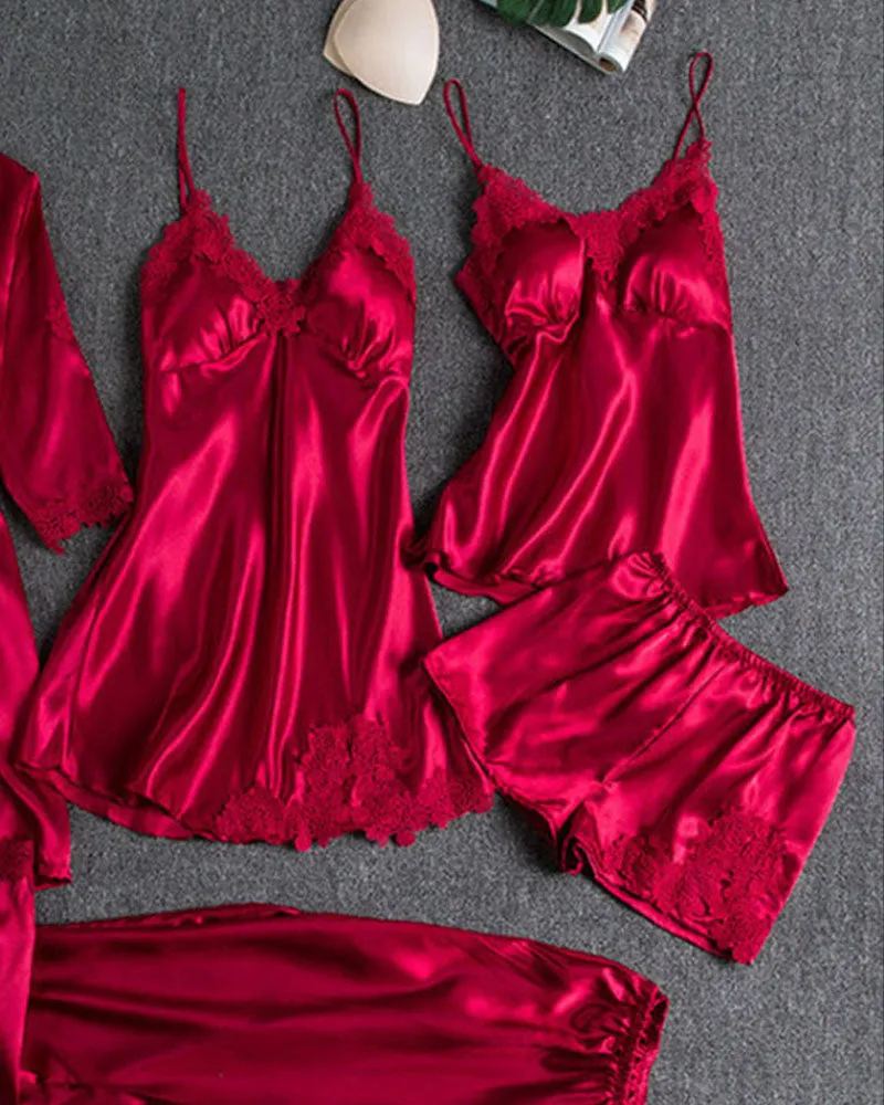 5PCS Contrast Lace Cami Set With Nightdress & Belted Robe