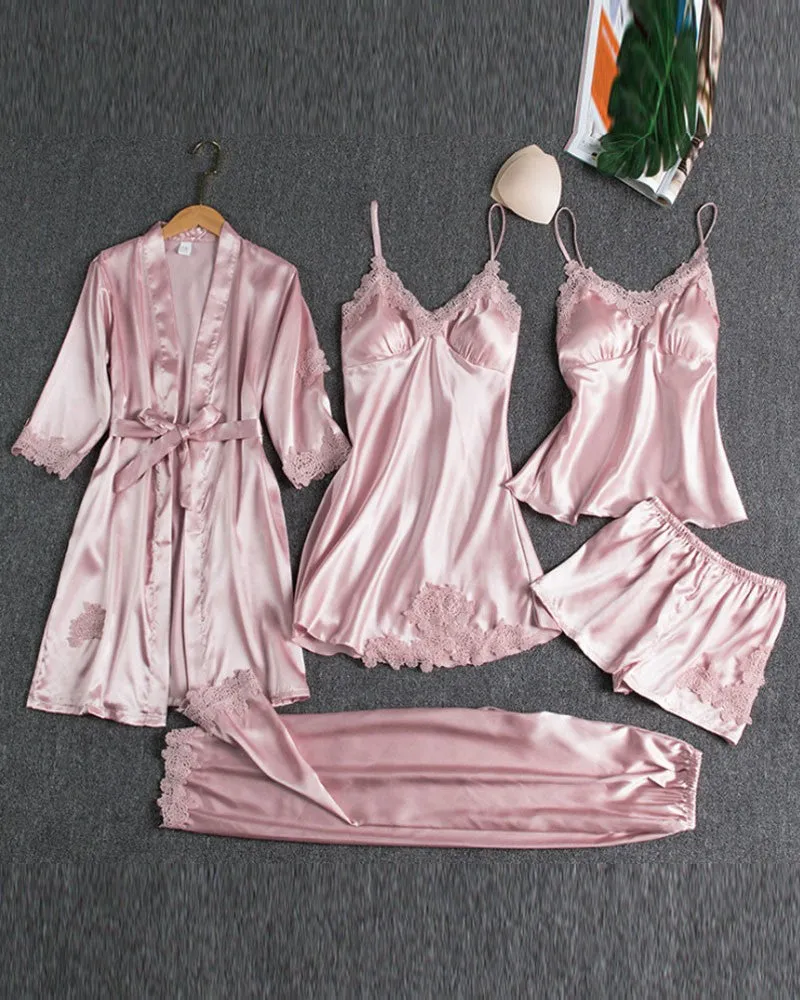 5PCS Contrast Lace Cami Set With Nightdress & Belted Robe