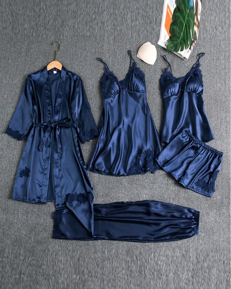 5PCS Contrast Lace Cami Set With Nightdress & Belted Robe