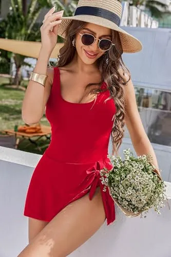 AI'MAGE Womens One Piece Swimdress Tummy Control Swimsuit Tie Knot Skirt Bathing Suits Paisley Print Large
