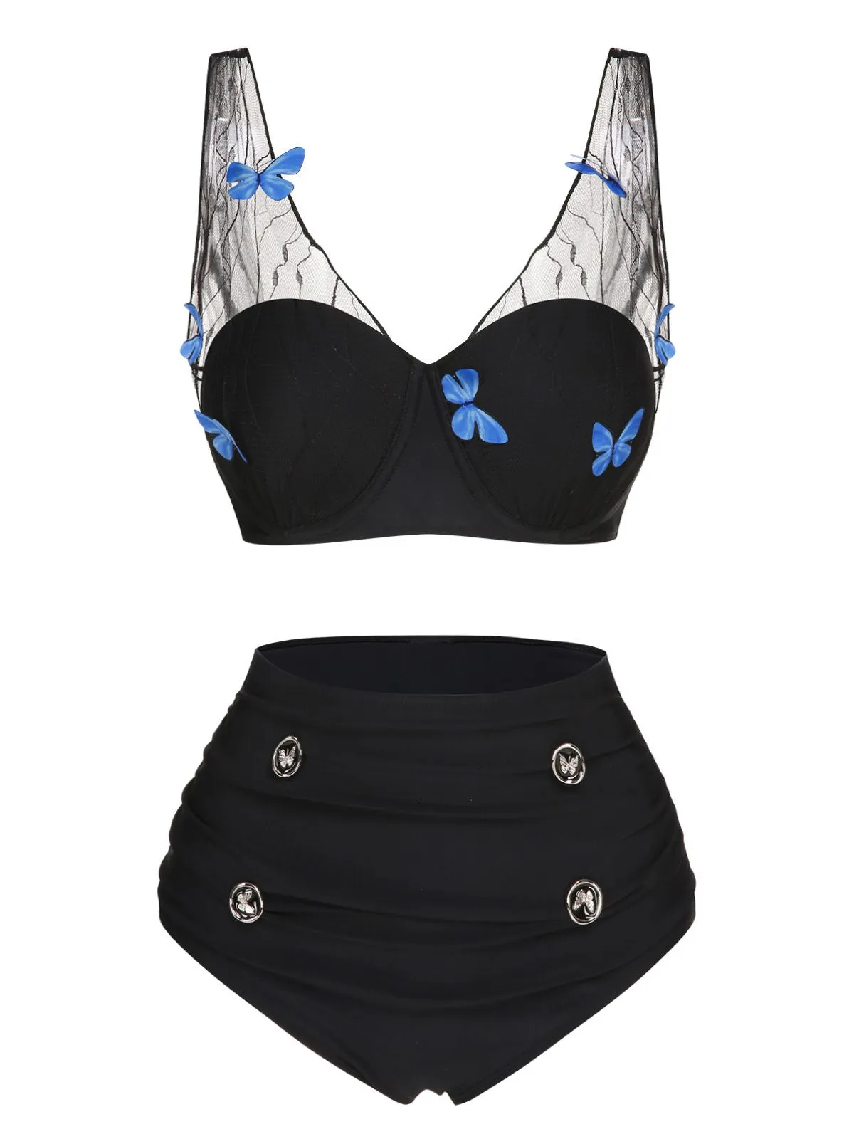 Black 1960s 3D Butterfly Mesh Pleated Swimsuit
