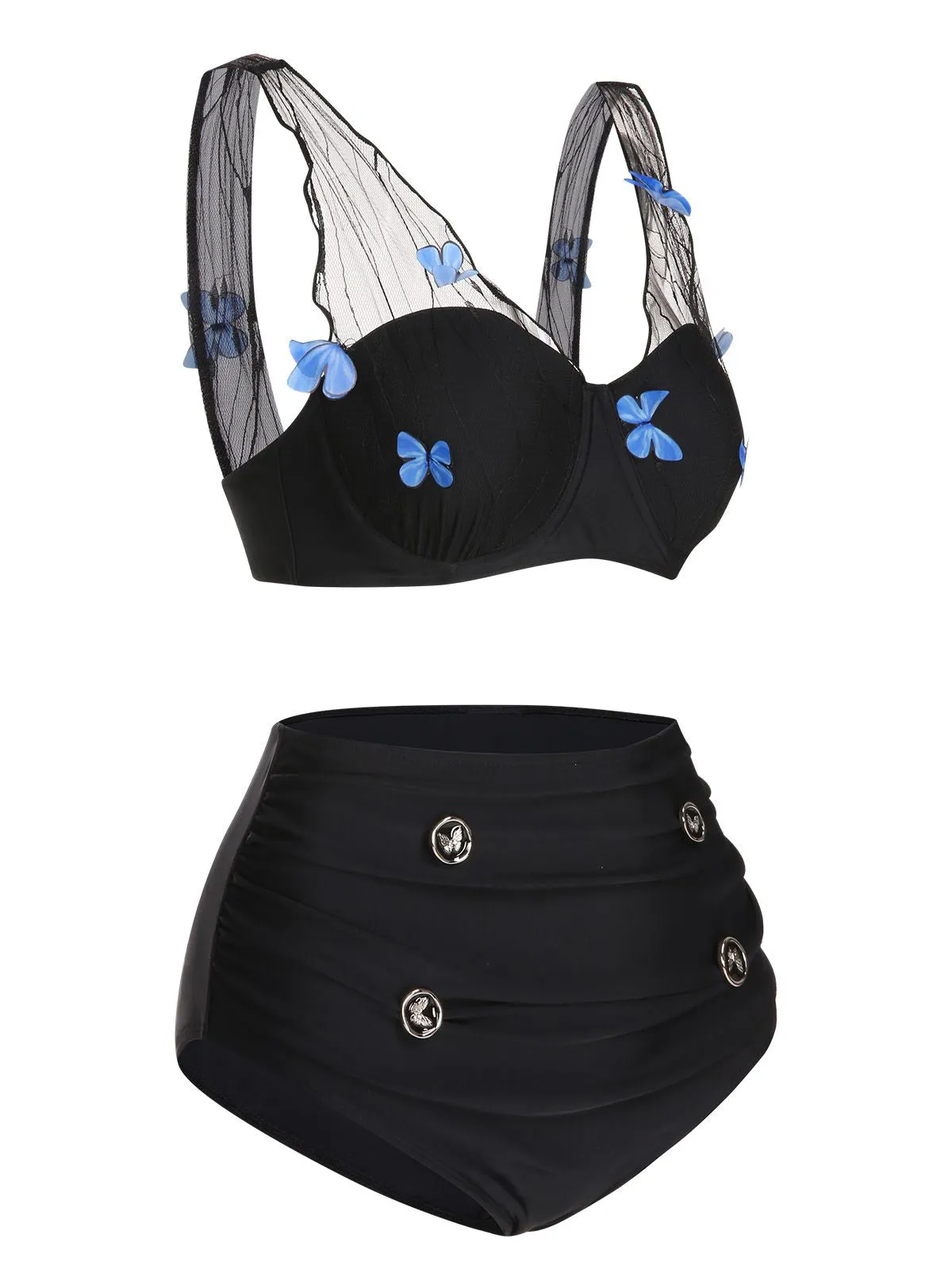 Black 1960s 3D Butterfly Mesh Pleated Swimsuit