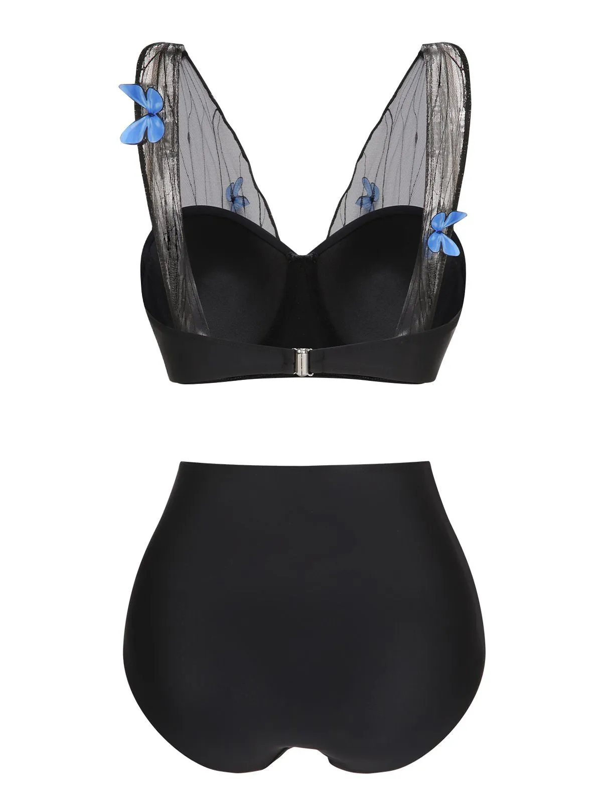 Black 1960s 3D Butterfly Mesh Pleated Swimsuit
