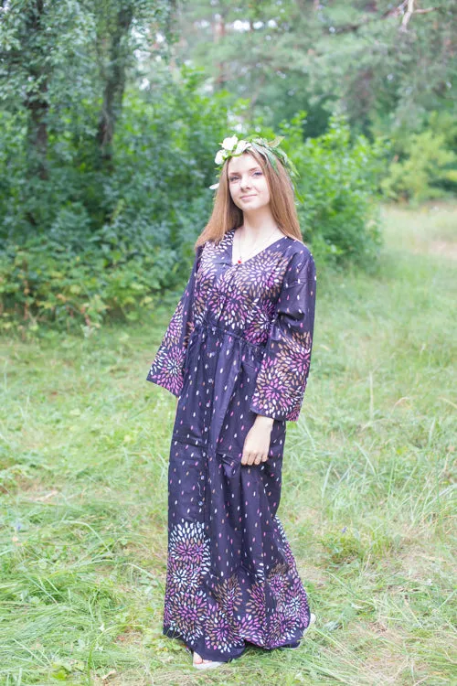 Black Button Me Down Style Caftan in Abstract Florals Pattern