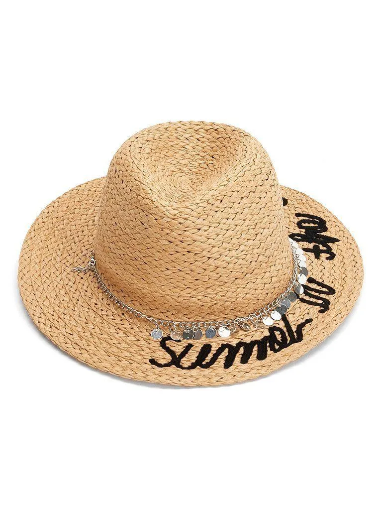 Chain Decorated Straw Fedora Hat