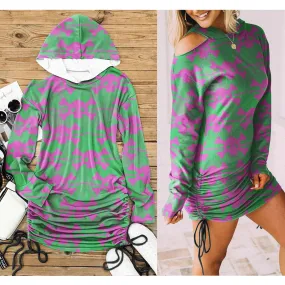 Christmas Green Red Skull Buffalo Flaid Print Open Shoulder Dress