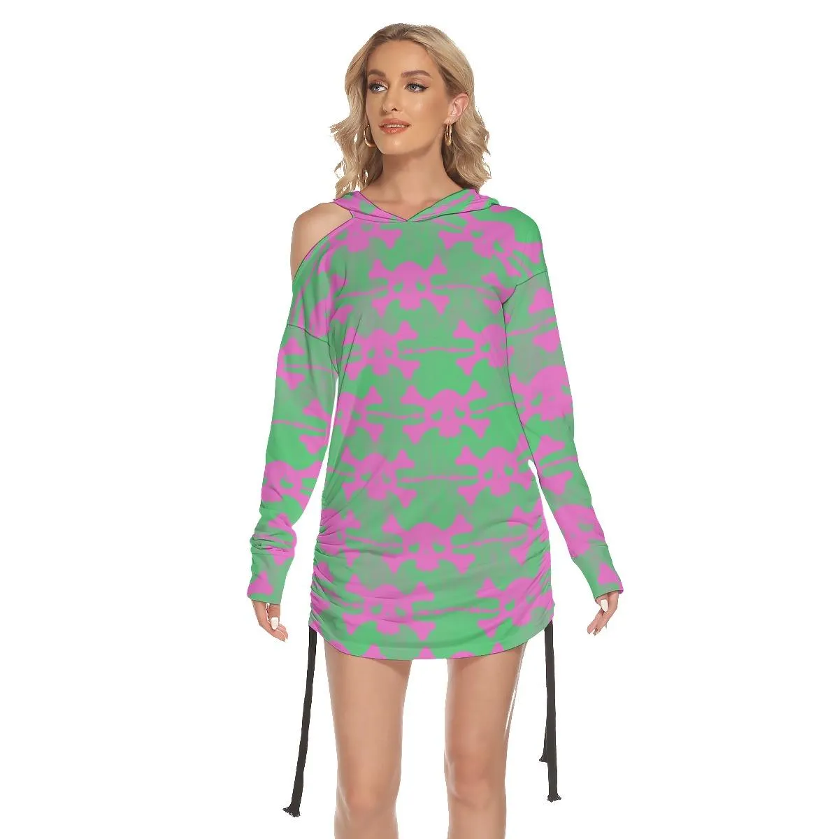 Christmas Green Red Skull Buffalo Flaid Print Open Shoulder Dress