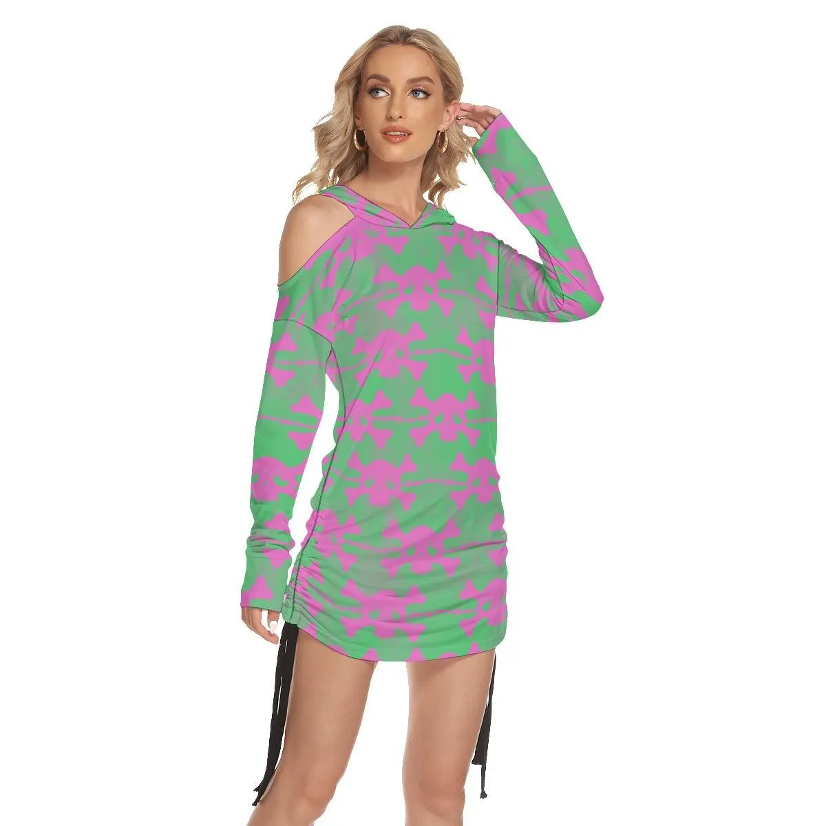 Christmas Green Red Skull Buffalo Flaid Print Open Shoulder Dress