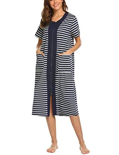 Ekouaer Womens Zipper Short Sleeve Full Length Nightgown Nightshirt Loungewear Duster Robe with Pockets, Navy Blue, Large