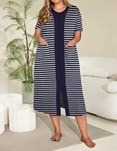 Ekouaer Womens Zipper Short Sleeve Full Length Nightgown Nightshirt Loungewear Duster Robe with Pockets, Navy Blue, Large