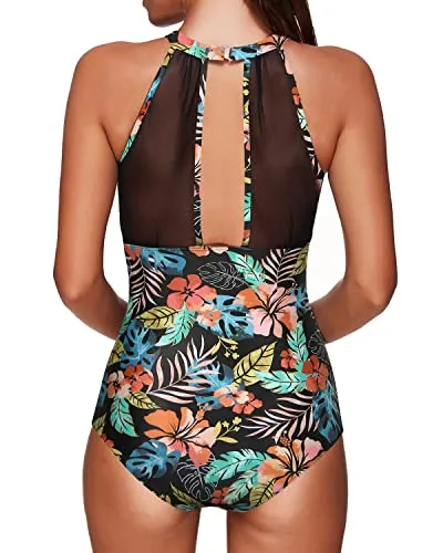 Elegant Mesh Ruched Monokini Women One Piece Swimsuit-Black Red Flower