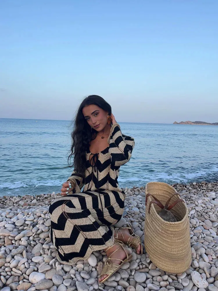 Fashionkova Fashion Knitted Striped Ruffled Hem Women's Dress Sexy V-neck Lace Up Long Sleeve Maxi Dresses Summer Elegant Female Beach Robes