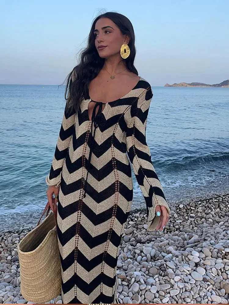 Fashionkova Fashion Knitted Striped Ruffled Hem Women's Dress Sexy V-neck Lace Up Long Sleeve Maxi Dresses Summer Elegant Female Beach Robes