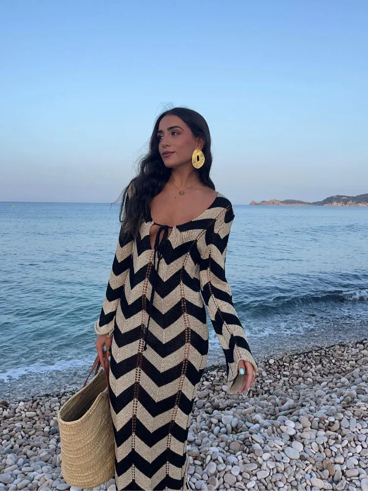 Fashionkova Fashion Knitted Striped Ruffled Hem Women's Dress Sexy V-neck Lace Up Long Sleeve Maxi Dresses Summer Elegant Female Beach Robes