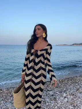 Fashionkova Fashion Knitted Striped Ruffled Hem Women's Dress Sexy V-neck Lace Up Long Sleeve Maxi Dresses Summer Elegant Female Beach Robes