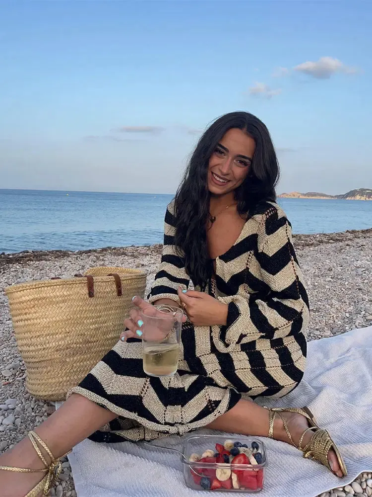 Fashionkova Fashion Knitted Striped Ruffled Hem Women's Dress Sexy V-neck Lace Up Long Sleeve Maxi Dresses Summer Elegant Female Beach Robes