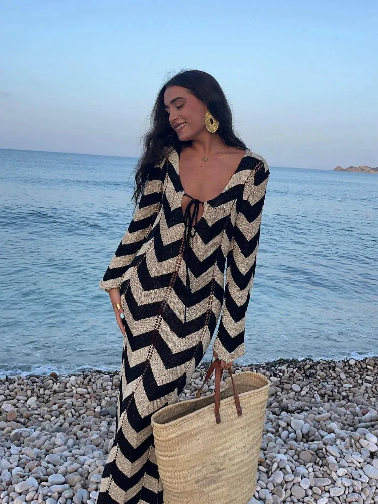 Fashionkova Fashion Knitted Striped Ruffled Hem Women's Dress Sexy V-neck Lace Up Long Sleeve Maxi Dresses Summer Elegant Female Beach Robes