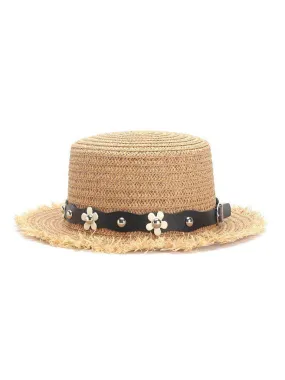 Flower Decorated PU Band Straw Hat