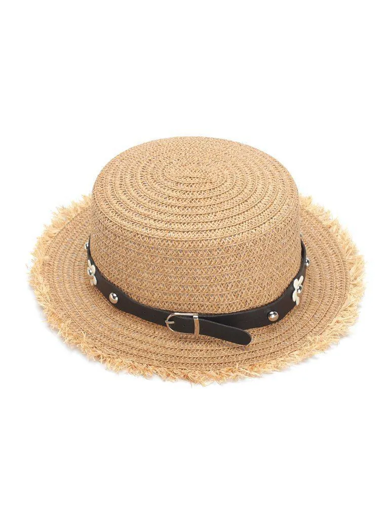 Flower Decorated PU Band Straw Hat