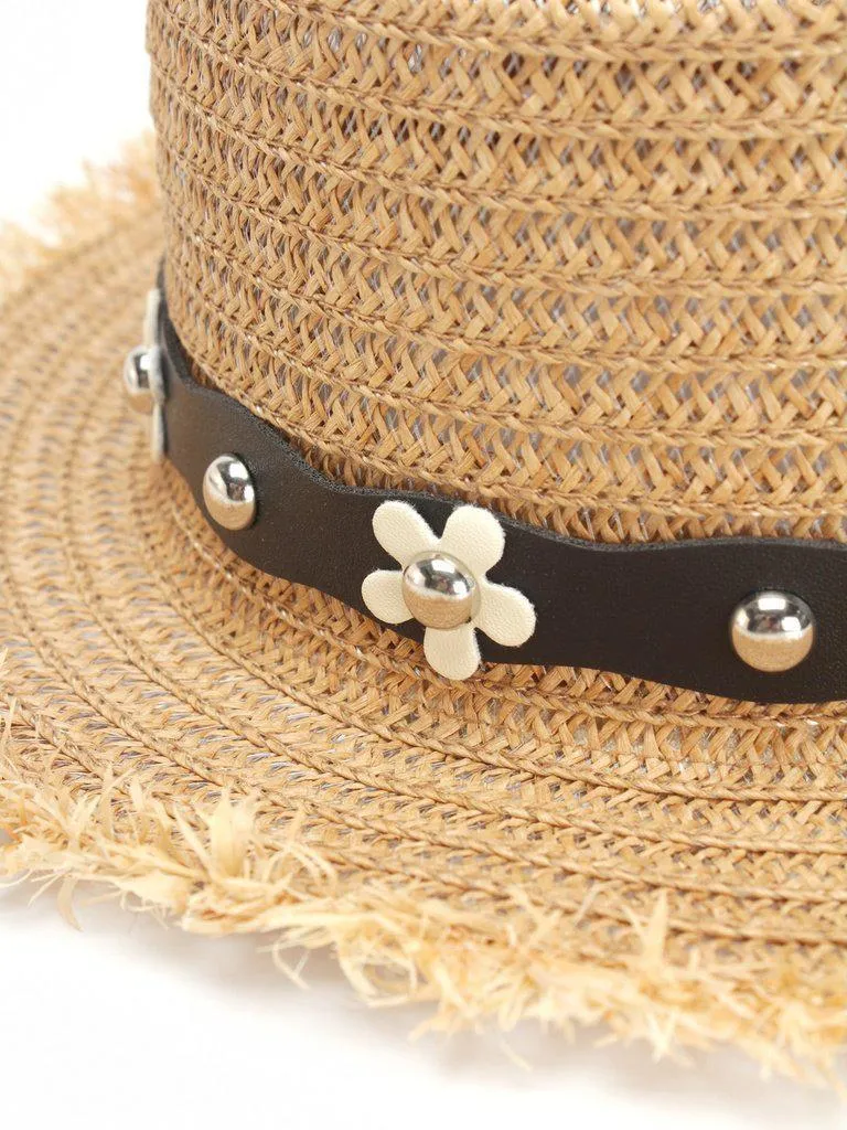 Flower Decorated PU Band Straw Hat