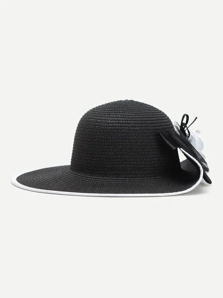 Flower Decorated Straw Hat With Bow