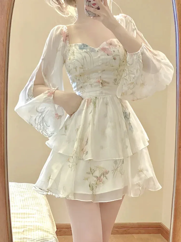 French Elegant Floral Mini Dress Chiffon Long Sleeve Evening Party Dress Women Holiday Beach Boho Fairy Dress Korean Robes