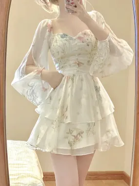 French Elegant Floral Mini Dress Chiffon Long Sleeve Evening Party Dress Women Holiday Beach Boho Fairy Dress Korean Robes