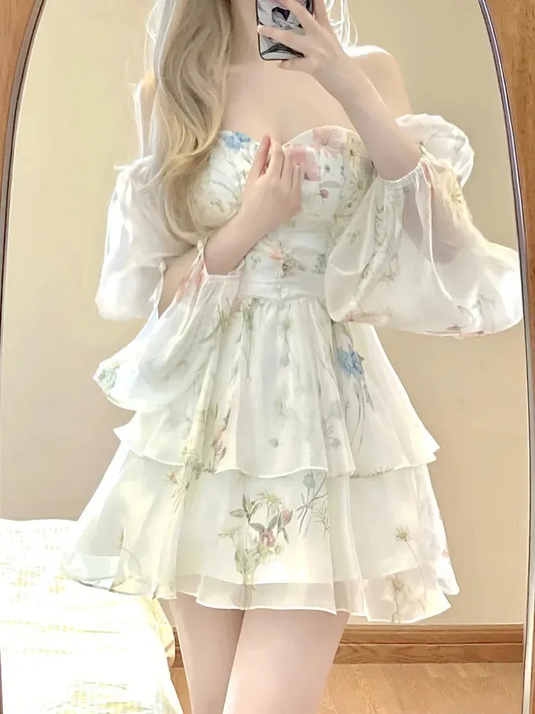 French Elegant Floral Mini Dress Chiffon Long Sleeve Evening Party Dress Women Holiday Beach Boho Fairy Dress Korean Robes
