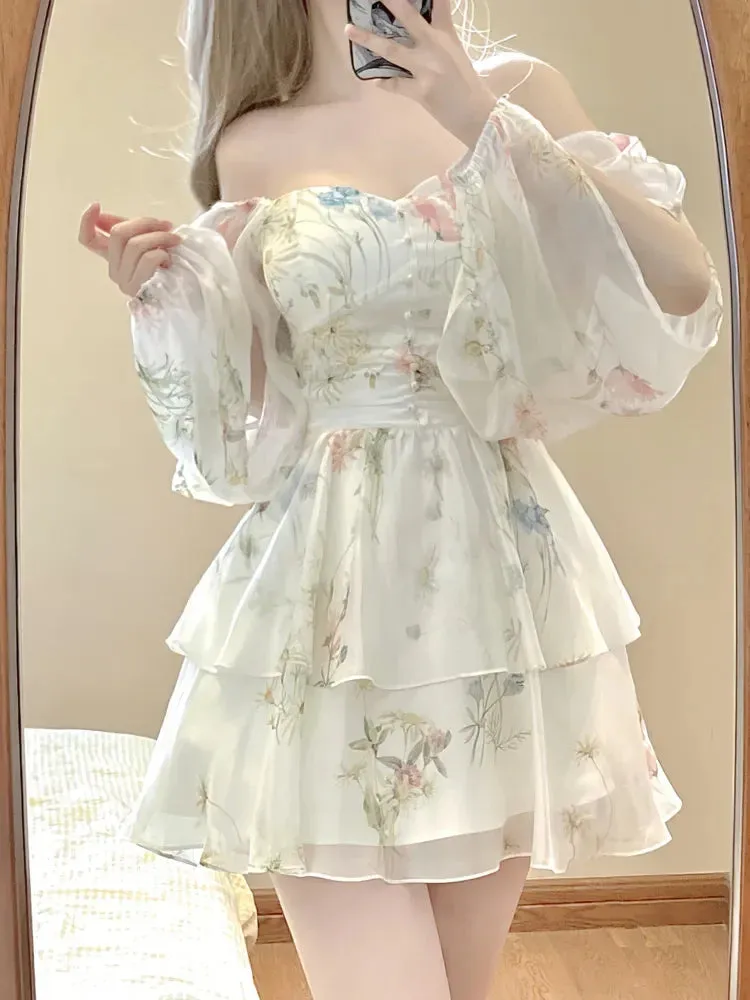 French Elegant Floral Mini Dress Chiffon Long Sleeve Evening Party Dress Women Holiday Beach Boho Fairy Dress Korean Robes