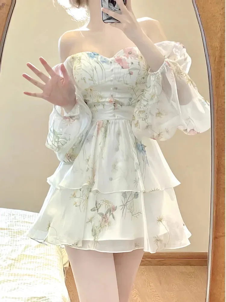 French Elegant Floral Mini Dress Chiffon Long Sleeve Evening Party Dress Women Holiday Beach Boho Fairy Dress Korean Robes