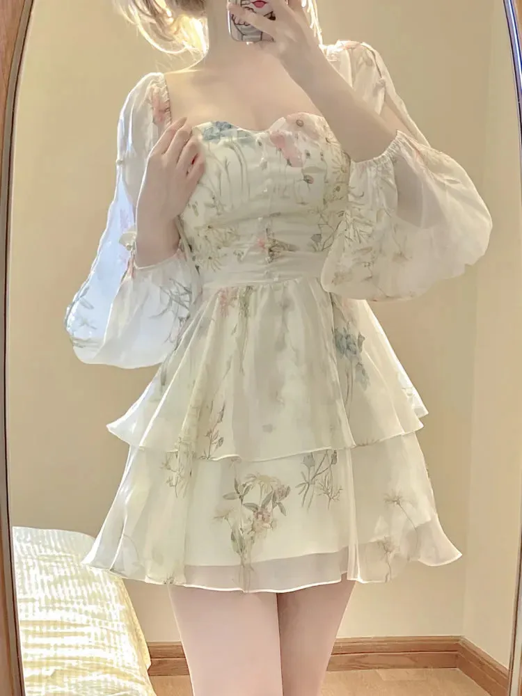 French Elegant Floral Mini Dress Chiffon Long Sleeve Evening Party Dress Women Holiday Beach Boho Fairy Dress Korean Robes