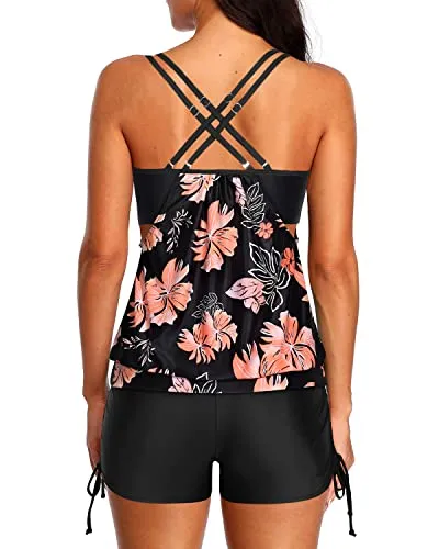 Full Coverage Blouson Tankini Swimsuits With Boy Shorts-Black And Orange Floral