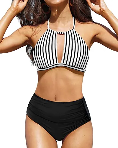 Full Coverage Ruched Bottom High Waisted Bikini Swimsuit-Black And White Stripe