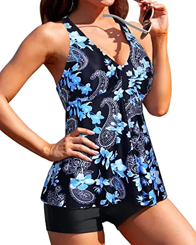 Full Coverage Tankini Tops Shorts And Boyshorts-Black Floral