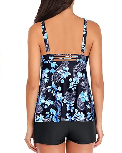 Full Coverage Tankini Tops Shorts And Boyshorts-Black Floral