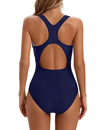 Full Coverage Women's Training Sport One Piece Swimsuits-Navy Blue