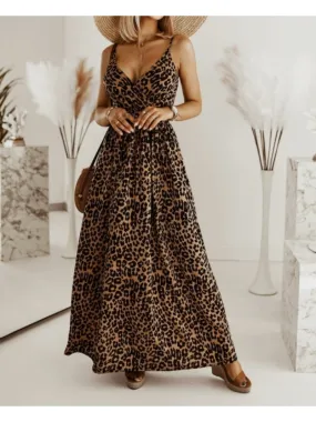Gigi - Robe longue à bretelles spaghetti avec imprimé léopard