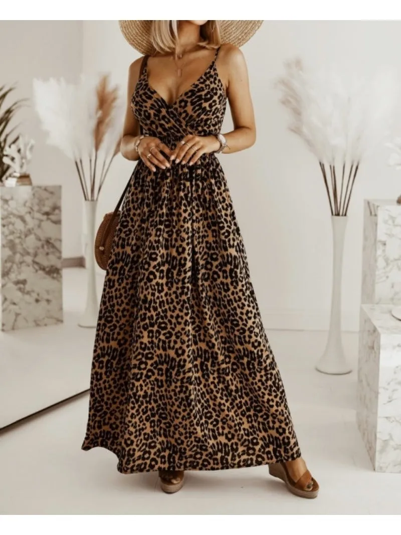 Gigi - Robe longue à bretelles spaghetti avec imprimé léopard