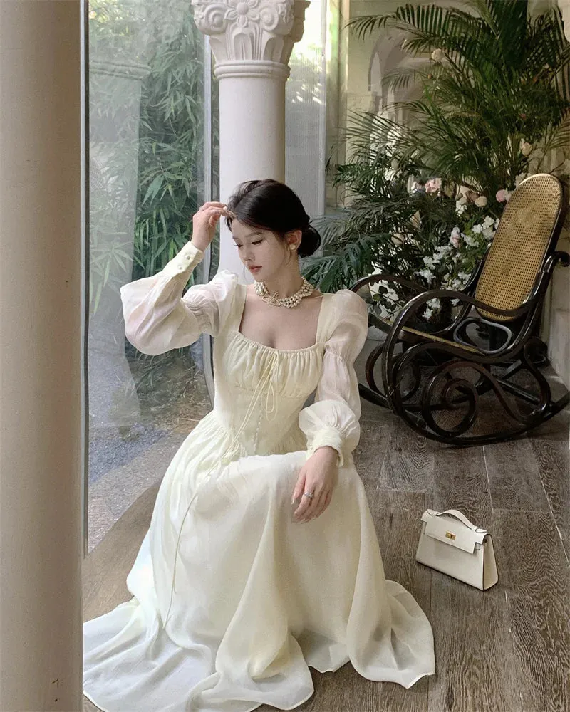 Girlary New Women Lantern Sleeve Beach Holiday Dress French Elegant Fashion Fairy Long Dresses Female Party Vestidos Robes Summer